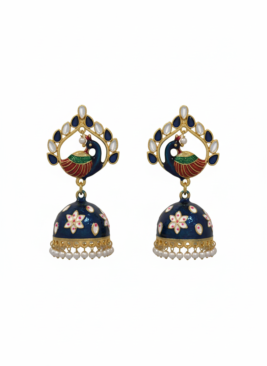 Neelam Blue Peacock Meenakari Jhumkas