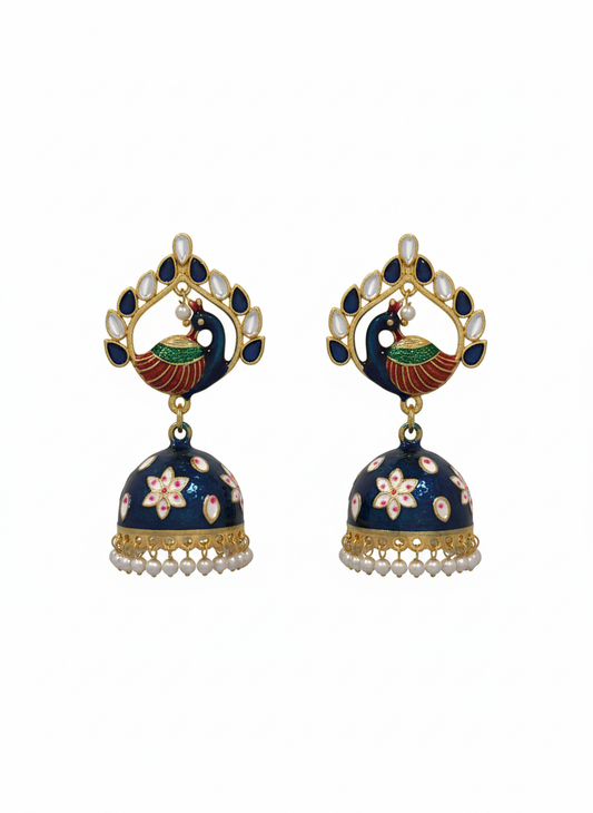 Neelam Blue Peacock Meenakari Jhumkas