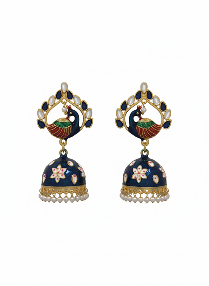 Neelam Blue Peacock Meenakari Jhumkas