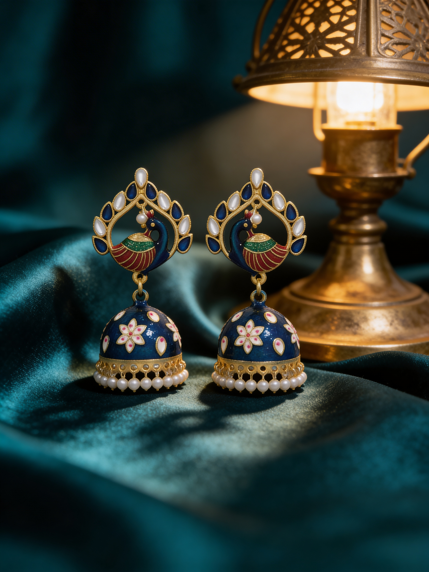 Neelam Blue Peacock Meenakari Jhumkas