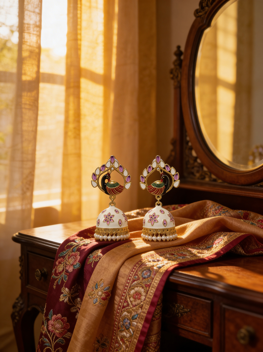 White Mayura Jhumkas